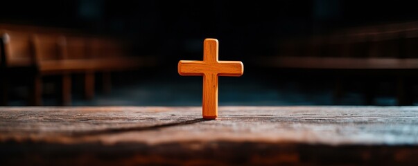 Wooden Cross Symbol of Faith and Religion in Church Pews with Sacred Meaning and Spiritual Belief