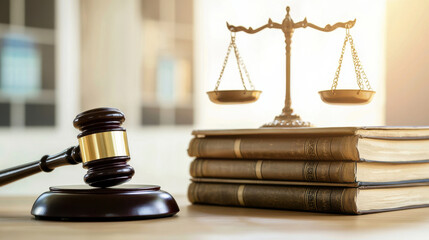 A gavel and scales of justice symbolize law, order, and legal processes.