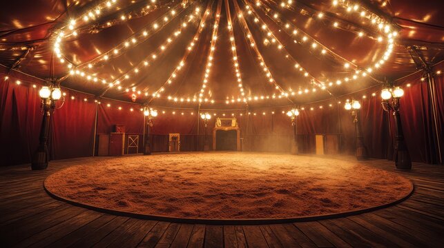 Vintage Circus Inspired Ring with Sawdust Covered Ground Under Glowing Lights and Draped Red Curtains in an Enchanting Atmosphere