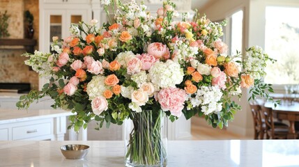 Beautiful floral arrangement featuring peonies, roses, and hydrangeas displayed in a glass vase on a kitchen countertop during daylight