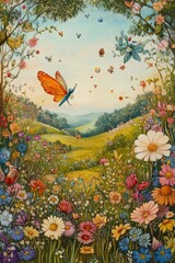 Vivid, colorful landscape scene with a field full of bright flowers and butterflies flying around
