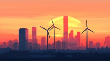 Obraz premium Urban Sunset with Wind Turbines and Tall Buildings in Silhouette