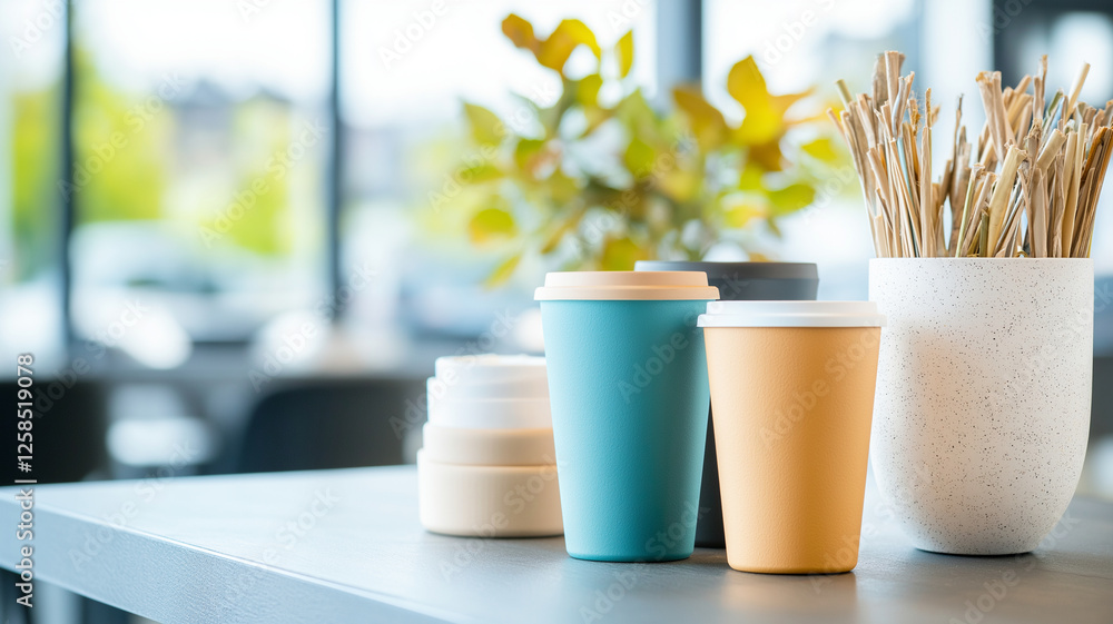 Poster modern display of colorful reusable cups and containers on table, surrounded by greenery, creating f