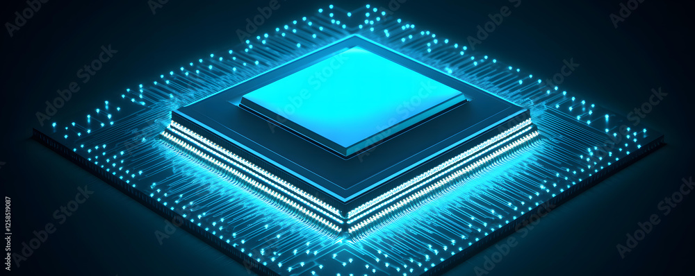 Poster hightech microchip processor on a circuit board glowing bright blue