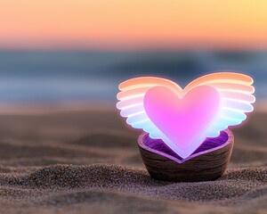 Fototapeta premium A luminous heart symbol placed on the beach at sunset, evoking love and serenity.