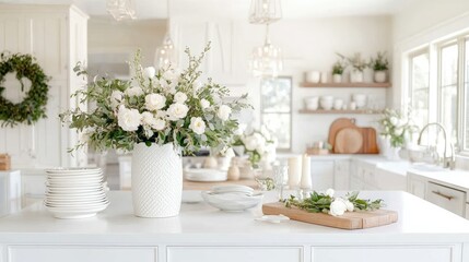 Bright kitchen filled with fresh flowers and natural light showcases a serene and inviting home environment perfect for gatherings and culinary creativity