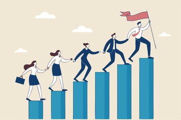 Teamwork to success together, employee career path or partnership support to help business growing, team collaboration or mentor and training concept, business people help team climbing growth chart.
