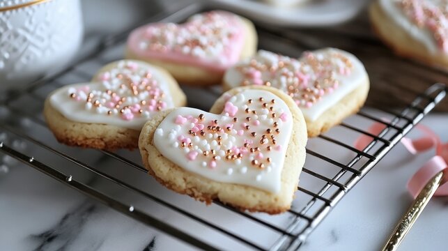 Heart-shaped sugar cookies with pink and white icing on cooling rack. Conversation Heart Sugar Cookies