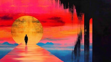 Silhouette of a person walking towards a large, golden sun on a vibrant, colorful path.  A surreal, artistic landscape.