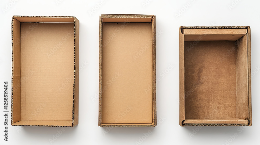 Poster empty cardboard boxes, brown carton package in front, angle and top view. vector realistic mockup of