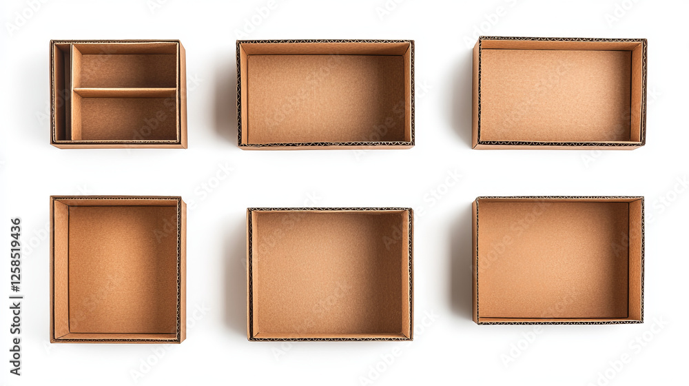 Poster empty cardboard boxes, brown carton package in front, angle and top view. vector realistic mockup of