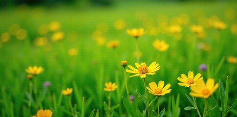 Obraz premium Delicate yellow wildflowers scattered on green grass, nature, wildflowers