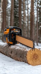 In a serene winter landscape, a chainsaw rests atop a log, surrounded by a tranquil snowy forest. The scene captures the essence of winter's beauty