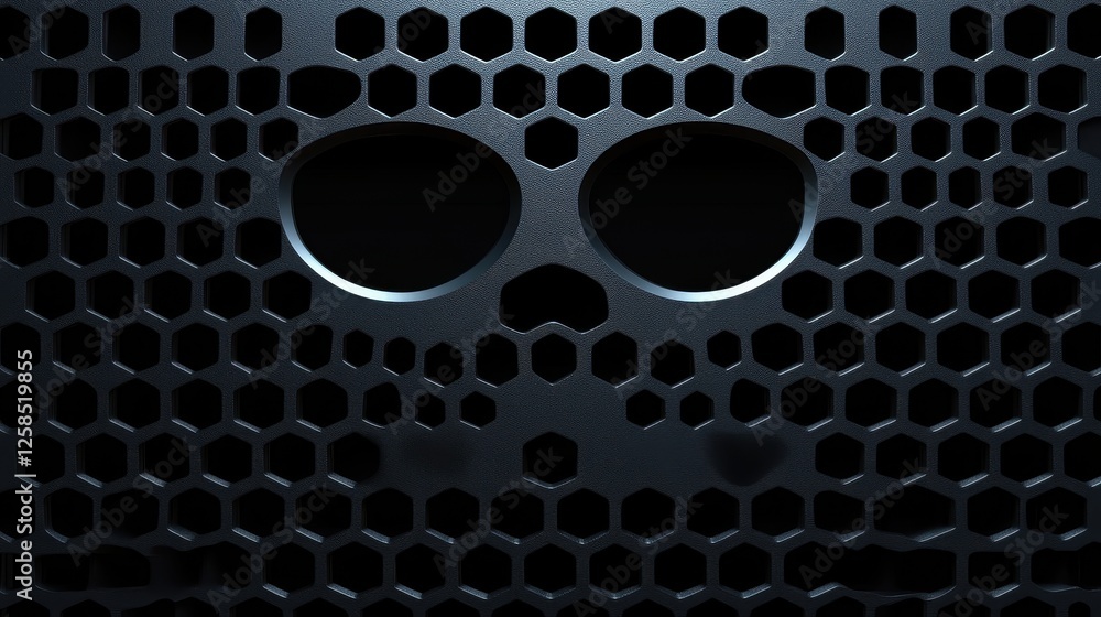 Poster metallic skull illusion in dark hexagonal grid pattern design
