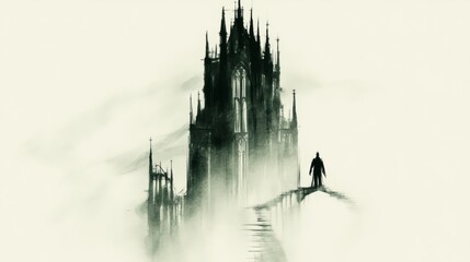 Fototapeta premium A solitary figure walks towards a gothic cathedral shrouded in mist, a haunting scene in shades of gray.