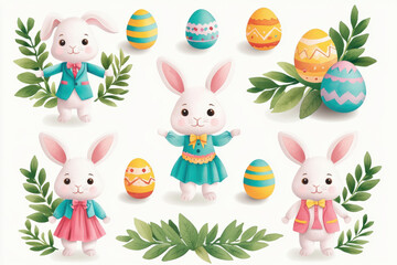Naklejka premium Charming Easter bunnies surrounded by colorful eggs and greenery.