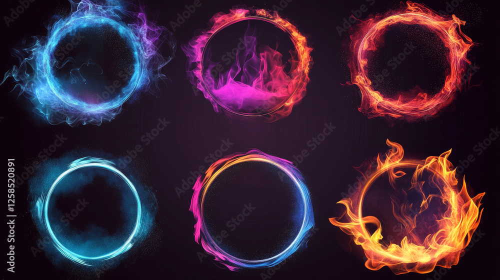 Poster circle fire frames set isolated on transparent background. vector realistic illustration of round or