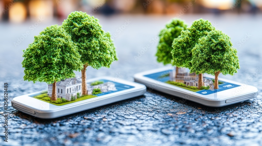 Poster two small trees displayed on a smartphone screen using ai-powered visual search technology in retail