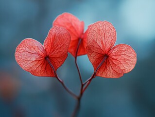 Three Red Heart Shaped Petals on a Delicate Stem Branch