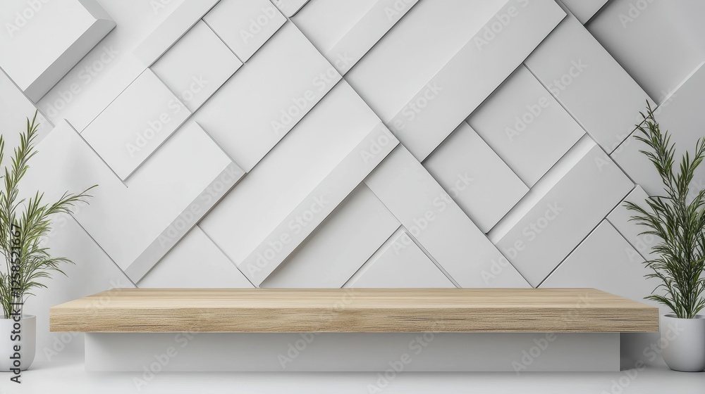 Poster minimalist platform display with geometric patterned backdrop and plants