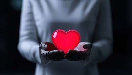 A person holds a glowing red heart symbolizing love and compassion.