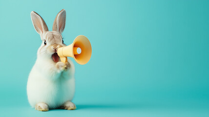 Obraz premium Easter bunny or rabbit with loudspeaker megaphone, advertising and marketing concept, social media, announce sale for holiday