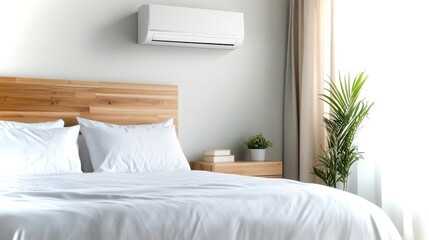 Person makes adjustments in a cozy bedroom with natural light and indoor plants