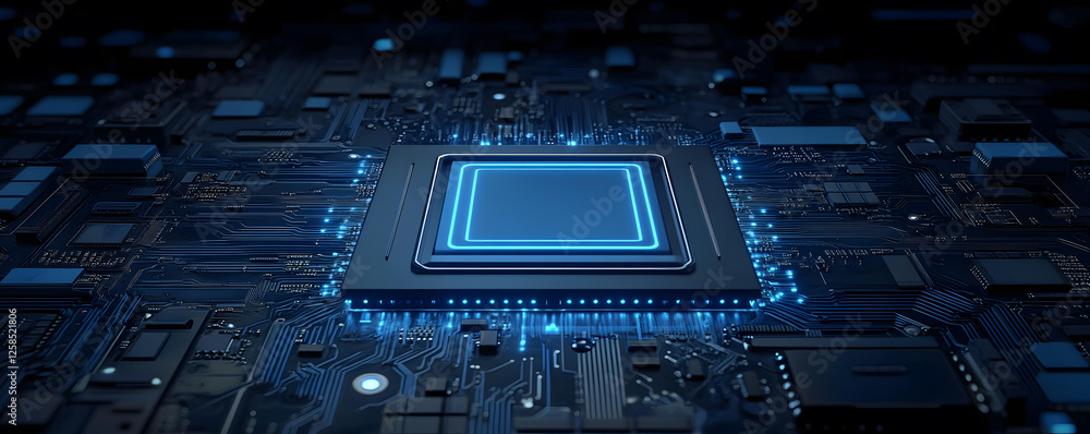 Poster closeup of a computer central processing unit on a circuit board with glowing blue lights