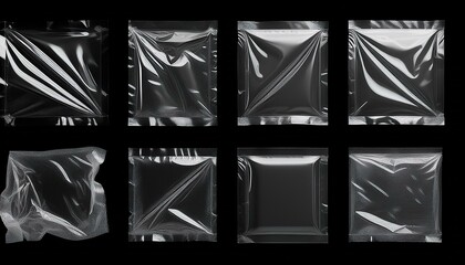 3d set of transparent plastic film with shrink effect. Overlay mockup of square and rectangle crumpled wrap.
Generated image
