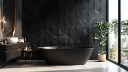 Fototapeta premium Triangular tiles in matte black with slight details in shadows, generative ai
