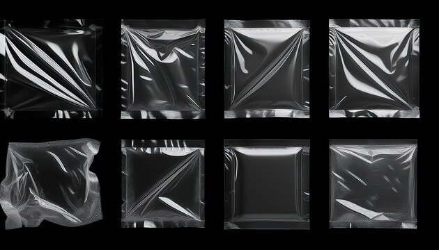 3d set of transparent plastic film with shrink effect. Overlay mockup of square and rectangle crumpled wrap.
Generated image
