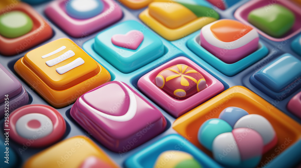 Poster set of candy app icons, game ui square buttons, cartoon lollipop menu interface, colorful blocks wit