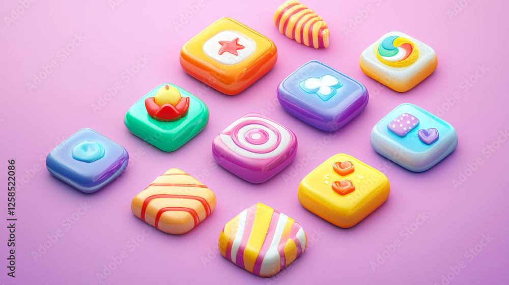 Poster set of candy app icons, game ui square buttons, cartoon lollipop menu interface, colorful blocks wit