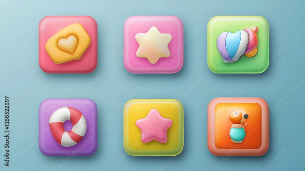 Poster set of candy app icons, game ui square buttons, cartoon lollipop menu interface, colorful blocks wit
