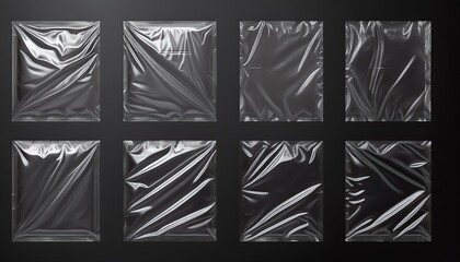 3d set of transparent plastic film with shrink effect. Overlay mockup of square and rectangle crumpled wrap.
Generated image