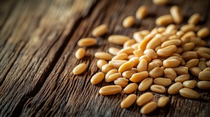 Fototapeta premium Macro view of pine nut on distressed wooden surface