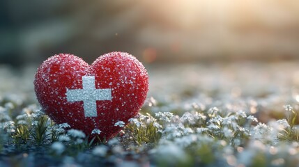 Fototapeta premium Patriotic Heart Switzerland Flag on Floral Field Warmth