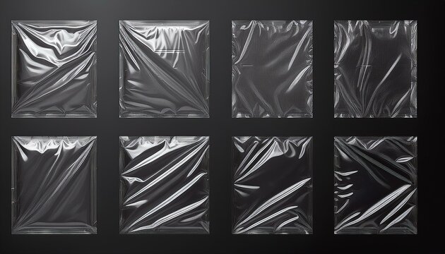 3d set of transparent plastic film with shrink effect. Overlay mockup of square and rectangle crumpled wrap.
Generated image