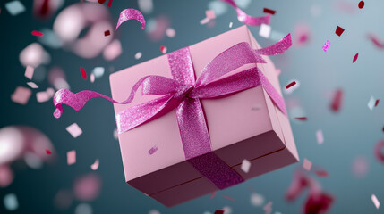 Fototapeta premium Pink gift box floating with confetti and ribbons celebrating a special occasion