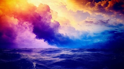 Obraz premium Vibrant sunset over a dramatic ocean scene. Colors of purple, orange, and blue create a breathtaking view.