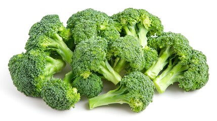 Fresh broccoli florets isolated on a white background, showcasing healthy eating and nutritious ingredients.