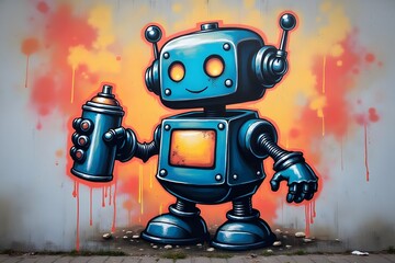 A spray-painted street artwork of a friendly robot holding a graffiti spray can.