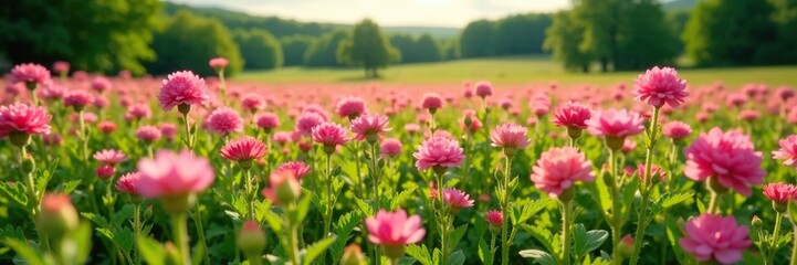 Fototapeta premium Field of pink mimosas with green foliage stretching far and wide, leaves, countryside, meadow