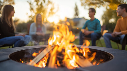 Gathering around fire pit, friends share stories and laughter as sun sets, creating warm and inviting atmosphere. flames dance, illuminating their joyful expressions