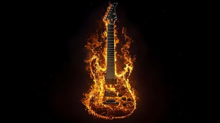 Fiery Electric Guitar engulfed in Bright Orange and Yellow Flames against a Black Background