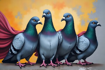 A humorous graffiti interpretation of city pigeons as superheroes.