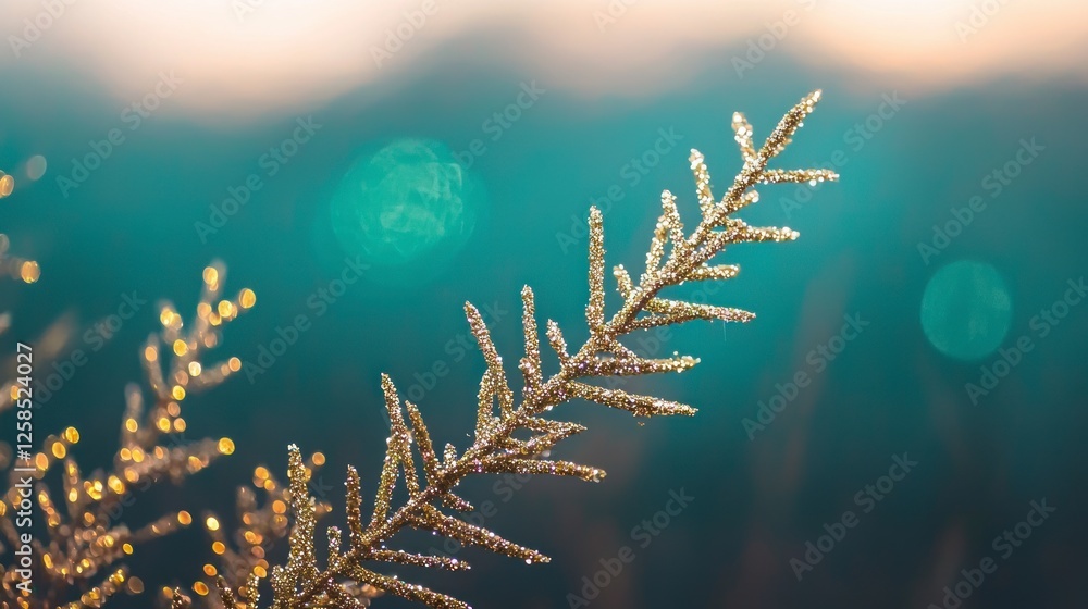 Canvas Prints Golden Glitter Plant Branch Against Teal Background