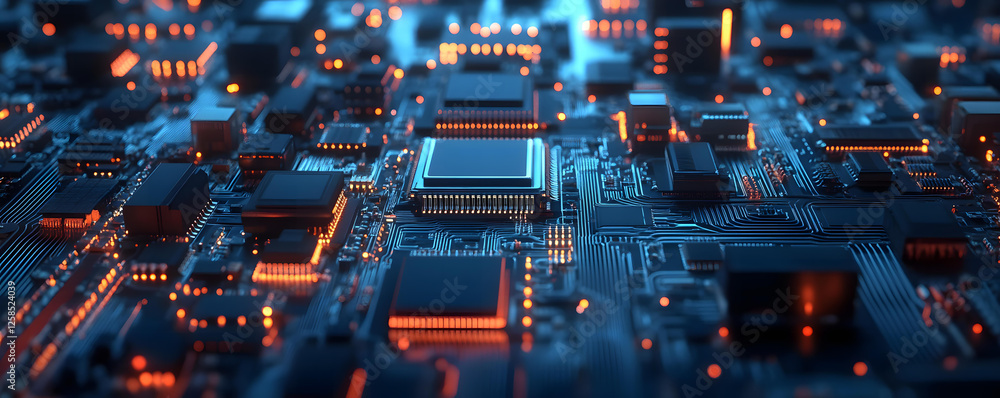 Poster closeup of a complex computer circuit board with glowing orange components and intricate pathways
