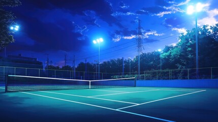 Night Tennis Court Under Starry Sky