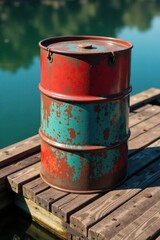 Obraz premium Vintage metal barrel on an old, worn-out dock, nautical, wooden planks, dock